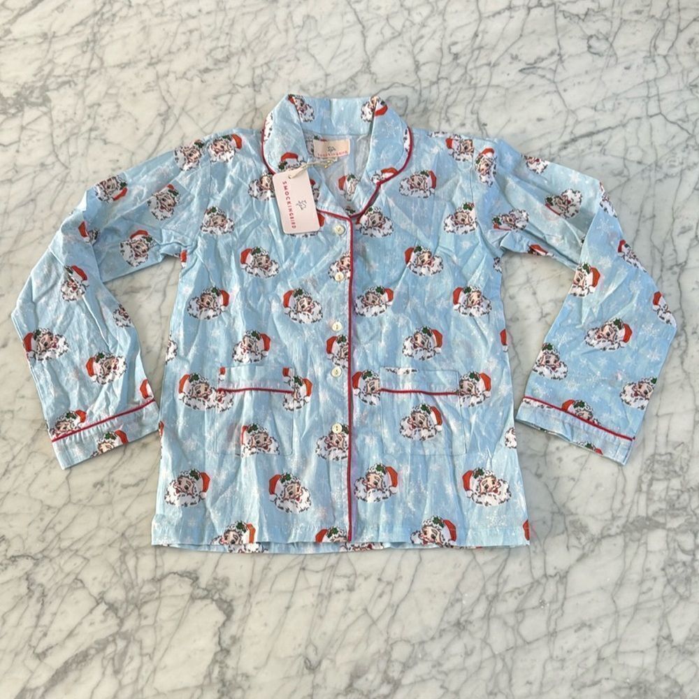 SMOCKING BIRD Vintage Santa Blue Button Down Kid’s Pajama Top NWT Sz 10